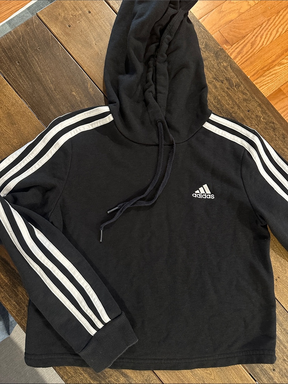 Cropped baggy adidas Black Hoodie with White Stripe Accents